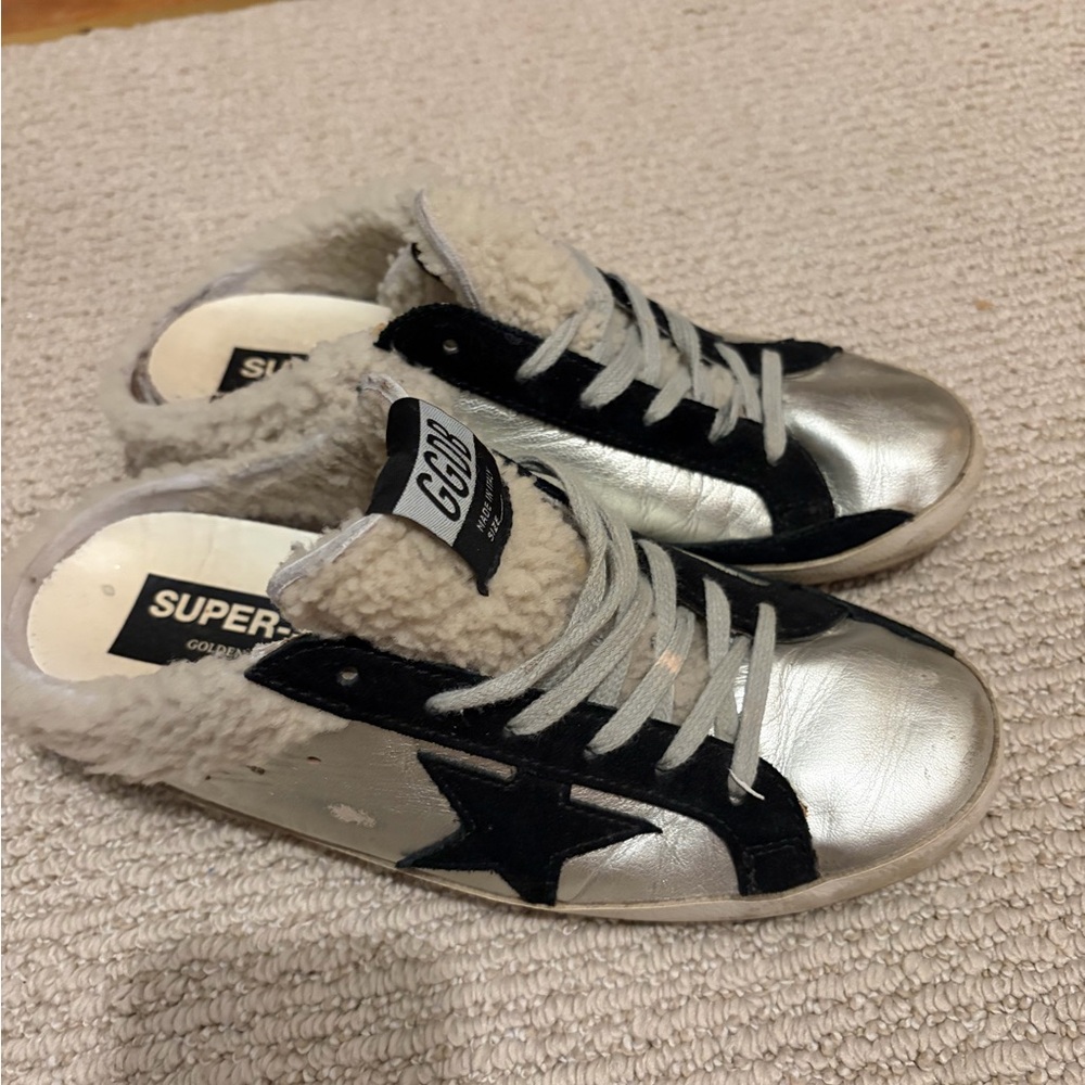 Golden Goose Shearling Sabot Slides size 39 silver
